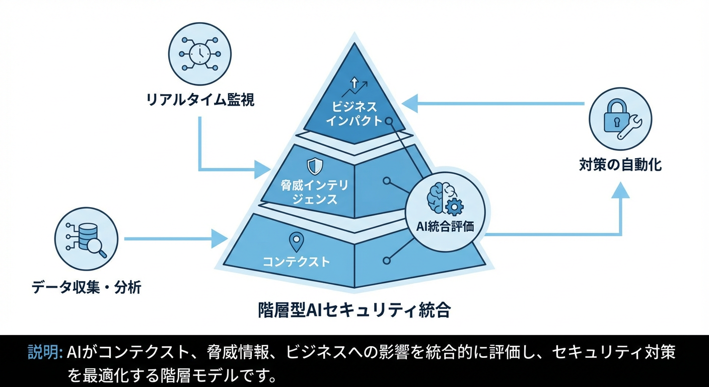 ピラミッド型の階層図。上から順にビジネスインパクト、脅威インテリジェンス、コンテクストの3層で構成され、AIが統合評価する
