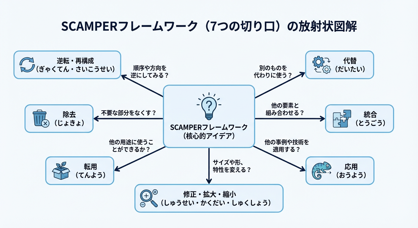 SCAMPERフレームワーク（7つの切り口）の放射状図解