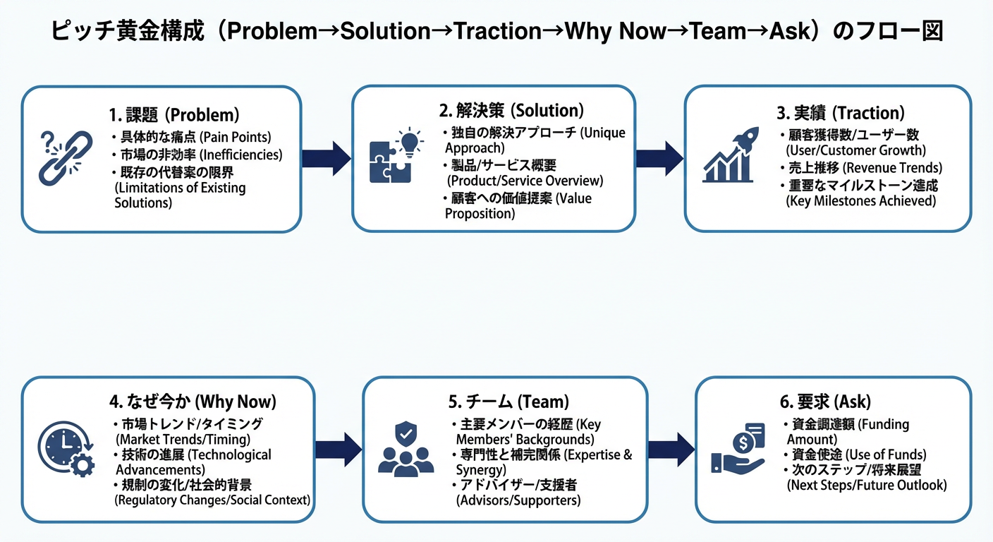 ピッチ黄金構成(Problem→Solution→Traction→Why Now→Team→Ask)のフロー図
