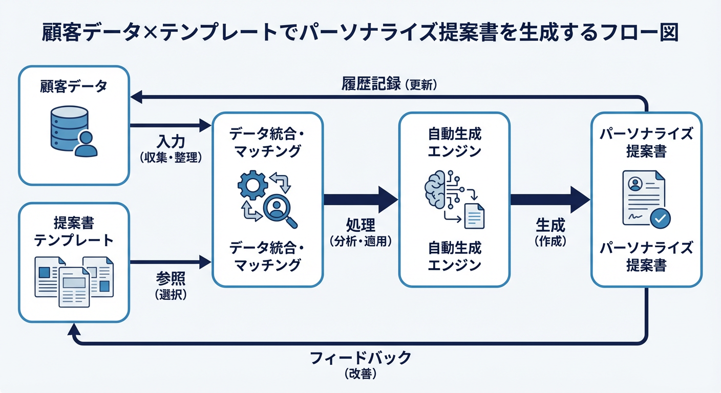 顧客データ×テンプレートでパーソナライズ提案書を生成するフロー図