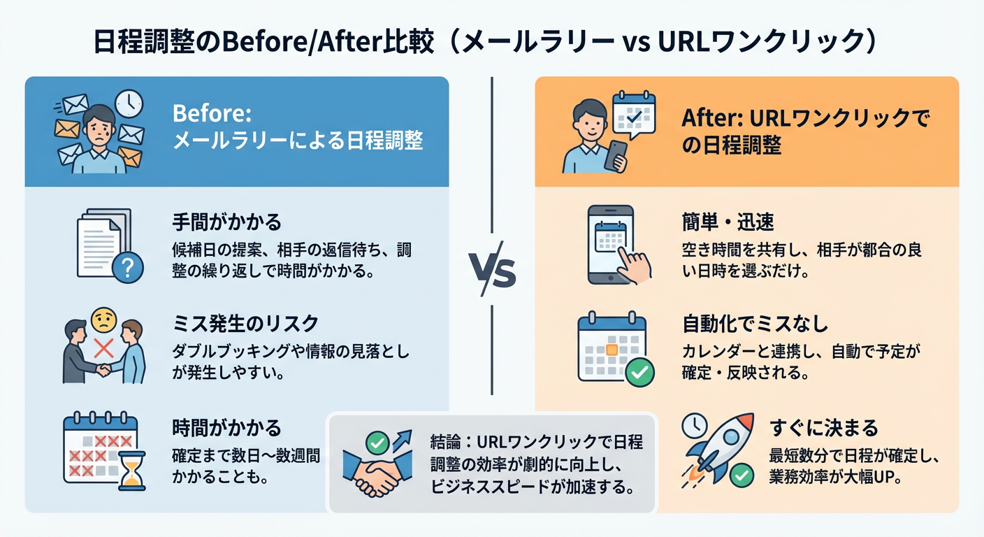 日程調整のBefore/After比較（メールラリー vs URLワンクリック）