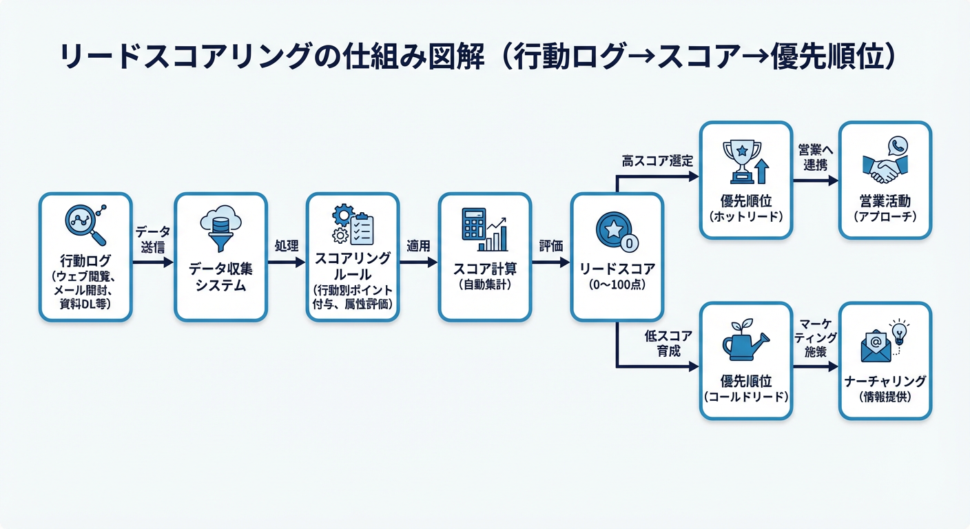 リードスコアリングの仕組み図解(行動ログ→スコア→優先順位)
