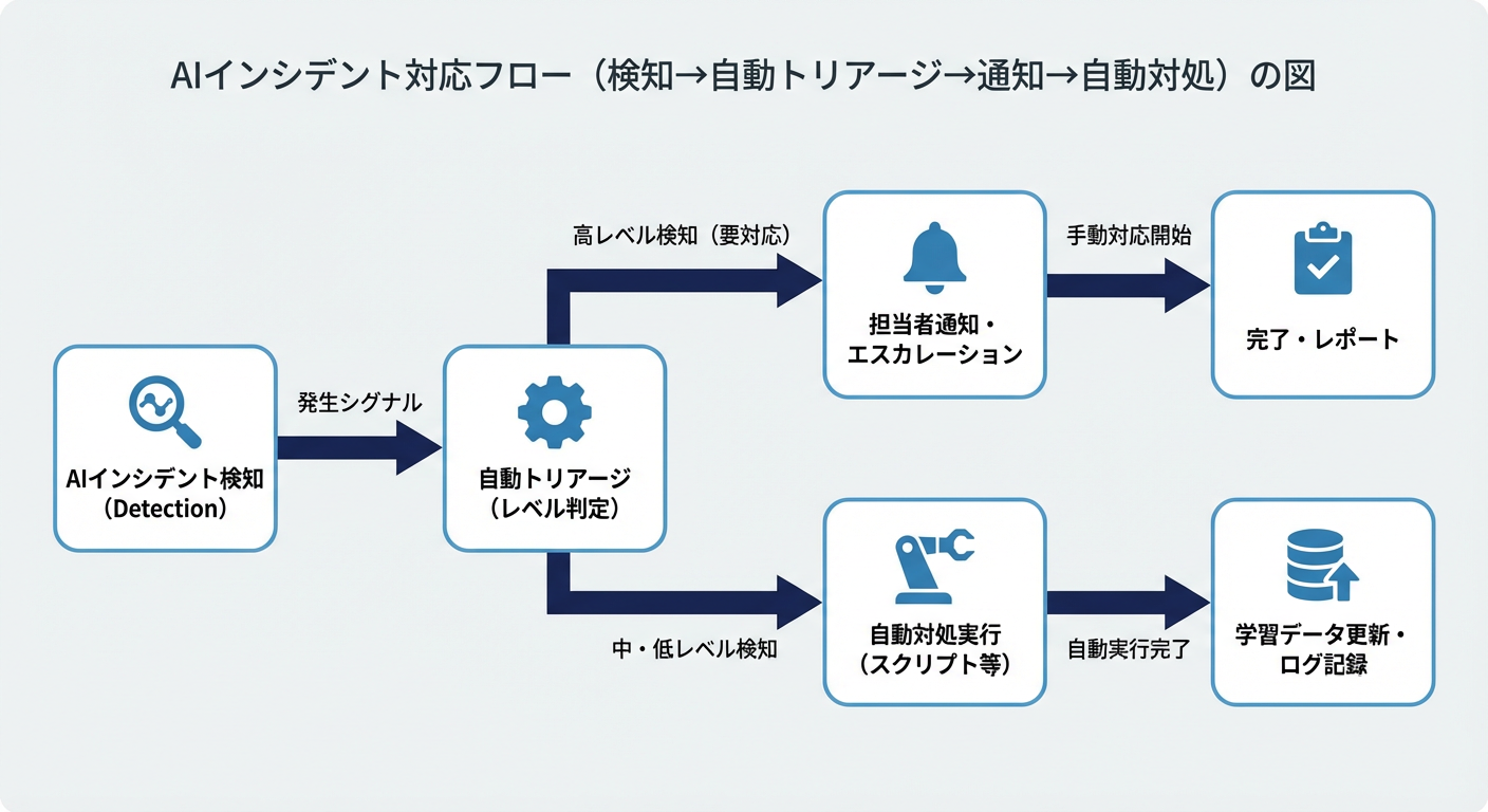 AIインシデント対応フロー(検知→自動トリアージ→通知→自動対処)の図